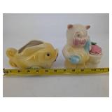 Pair of Ceramic Pig Figurines - Yellow Pig and Multicolor Pig with Pink Scarf