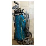 LL - Bag Boy Carrier With Vintage Golf Clubs - Assorted Irons and Woods