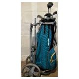 LL - Bag Boy Carrier With Vintage Golf Clubs - Assorted Irons and Woods