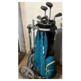 LL - Bag Boy Carrier With Vintage Golf Clubs - Assorted Irons and Woods