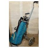 LL - Bag Boy Carrier With Vintage Golf Clubs - Assorted Irons and Woods