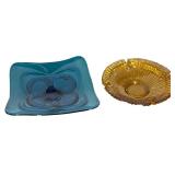 LL - Vintage Blue Glass Dish & Amber Glass Ashtray 9in Diameter (Lot of 2)