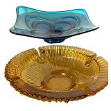 LL - Vintage Blue Glass Dish & Amber Glass Ashtray 9in Diameter (Lot of 2)