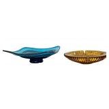 LL - Vintage Blue Glass Dish & Amber Glass Ashtray 9in Diameter (Lot of 2)