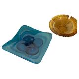 LL - Vintage Blue Glass Dish & Amber Glass Ashtray 9in Diameter (Lot of 2)