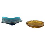 LL - Vintage Blue Glass Dish & Amber Glass Ashtray 9in Diameter (Lot of 2)