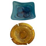 LL - Vintage Blue Glass Dish & Amber Glass Ashtray 9in Diameter (Lot of 2)