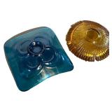 LL - Vintage Blue Glass Dish & Amber Glass Ashtray 9in Diameter (Lot of 2)