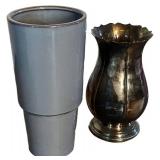 LL - Blue Glazed Ceramic Vase & Smoky Glass Vase