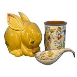 LL - Crate & Barrel Bunny Cookie Jar with Floral Utensil Holders (3-Piece Set) - Made in Italy