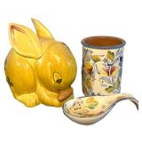 LL - Crate & Barrel Bunny Cookie Jar with Floral Utensil Holders (3-Piece Set) - Made in Italy