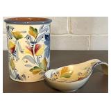 LL - Crate & Barrel Bunny Cookie Jar with Floral Utensil Holders (3-Piece Set) - Made in Italy