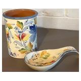 LL - Crate & Barrel Bunny Cookie Jar with Floral Utensil Holders (3-Piece Set) - Made in Italy