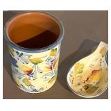LL - Crate & Barrel Bunny Cookie Jar with Floral Utensil Holders (3-Piece Set) - Made in Italy