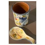 LL - Crate & Barrel Bunny Cookie Jar with Floral Utensil Holders (3-Piece Set) - Made in Italy
