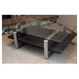 LR - Glass-Top Coffee Table With Aluminum Frame & Wood Lower Shelf