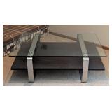 LR - Glass-Top Coffee Table With Aluminum Frame & Wood Lower Shelf