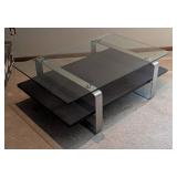 LR - Glass-Top Coffee Table With Aluminum Frame & Wood Lower Shelf