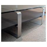 LR - Glass-Top Coffee Table With Aluminum Frame & Wood Lower Shelf