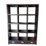 LR - Wood Bookshelf with Grid Cubby Shelves and 3 Drawers
