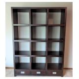 LR - Wood Bookshelf with Grid Cubby Shelves and 3 Drawers