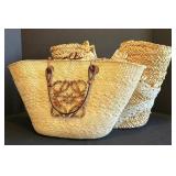 K - OndadeMar Handbags (Lot of 2) - Shell Lace Bead-Embellished Straw Totes Leather Handles