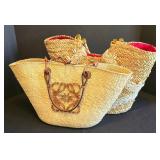 K - OndadeMar Handbags (Lot of 2) - Shell Lace Bead-Embellished Straw Totes Leather Handles