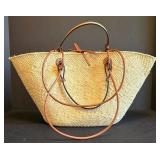 K - OndadeMar Handbags (Lot of 2) - Shell Lace Bead-Embellished Straw Totes Leather Handles