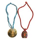 K - Coral Bead Necklace with Abalone Pendant - Blue Seed Bead Necklace with Capiz Pendant (Lot of 2)