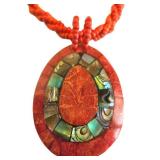 K - Coral Bead Necklace with Abalone Pendant - Blue Seed Bead Necklace with Capiz Pendant (Lot of 2)