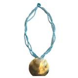 K - Coral Bead Necklace with Abalone Pendant - Blue Seed Bead Necklace with Capiz Pendant (Lot of 2)