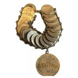 K - Vintage Mexican Peso Coin Bracelet with 1 Peso Pendant - 8 Inch Length