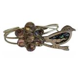 K - Mexican Silver Abalone Bracelet & Bird Motif Brooch - Floral Face