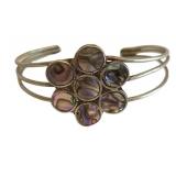 K - Mexican Silver Abalone Bracelet & Bird Motif Brooch - Floral Face