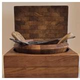 K - Wooden Kitchenware Lot: 10-Inch Salad Bowl on 10.5-Inch Square Pedestal, 12-Inch Cutting Board,