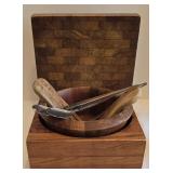 K - Wooden Kitchenware Lot: 10-Inch Salad Bowl on 10.5-Inch Square Pedestal, 12-Inch Cutting Board,