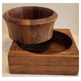 K - Wooden Kitchenware Lot: 10-Inch Salad Bowl on 10.5-Inch Square Pedestal, 12-Inch Cutting Board,