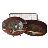 K - Minnesota Handcrafted Terra Cotta Dish, Gold Tone Tray, Woven Basket & Bread Knife (Lot of 4)