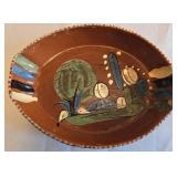 K - Minnesota Handcrafted Terra Cotta Dish, Gold Tone Tray, Woven Basket & Bread Knife (Lot of 4)