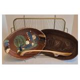 K - Minnesota Handcrafted Terra Cotta Dish, Gold Tone Tray, Woven Basket & Bread Knife (Lot of 4)