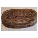 K - Minnesota Handcrafted Terra Cotta Dish, Gold Tone Tray, Woven Basket & Bread Knife (Lot of 4)