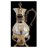 K - Vintage Silver Plated Coffee Carafe on Footed Warmer Stand with Glass Decanter