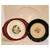 K - Salem 9.25in Plate (23K Gold) & Sebring Serenade Burgundy Platter (22K Gold) & 13.5in Glass Platter