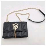 Black Quilted Chain Strap Crossbody Purse with Gold VS Logo