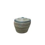 Lidded Wicker Basket - Woven Storage Basket with Blue Accents