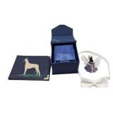 Vintage Great Dane Collectibles Lot Lucite Etched Dog Plaque in Case, Pin, Bow Tie, Photo Book