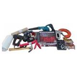 Mixed Tool Lot With Makita Blower, Performax Detail Saw, Stapler, Caulk Gun, Door Knobs and More