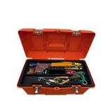 Orange Tool Box with Mixed Hand Tools, Sockets, Ratchet, Cutters and Misc. Hardware