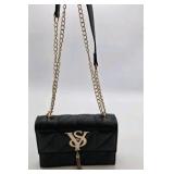 Black Quilted Chain Strap Crossbody Purse with Gold VS Logo