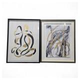 Pair of Framed Abstract Wall Art Prints with Gold & Black Accents